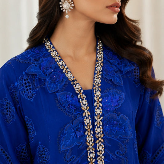 Royal Blue Embroidered Chiffon 3-Piece Kameez Suit