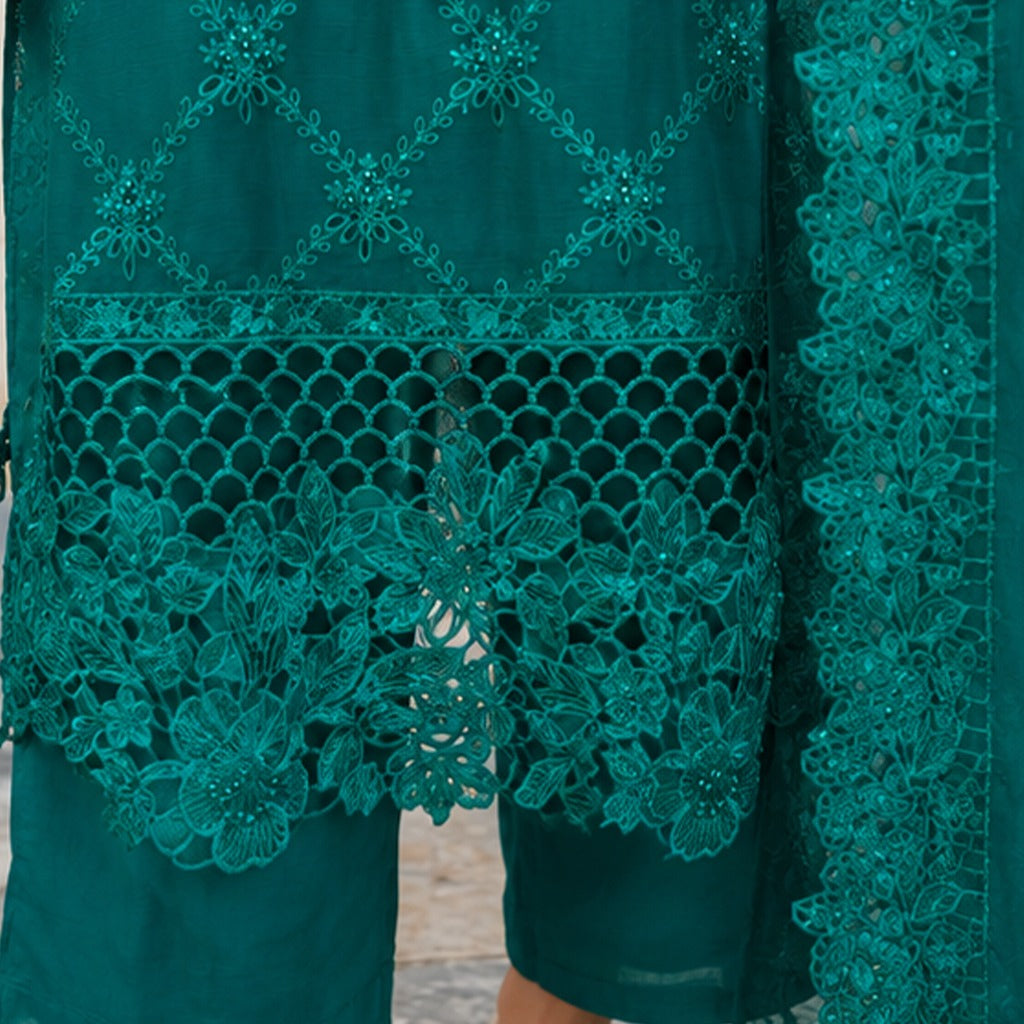 Emerald Green Embroidered Chiffon 3-piece Suit