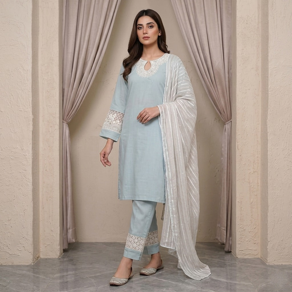 Soft Sky Blue 3- piece cotton Blend suit