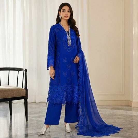 Royal Blue Embroidered Chiffon 3-Piece Kameez Suit