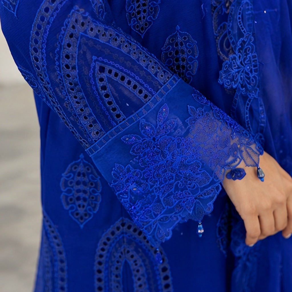 Royal Blue Embroidered Chiffon 3-Piece Kameez Suit