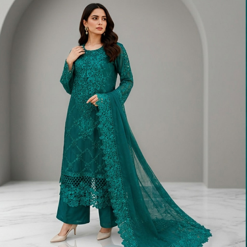 Emerald Green Embroidered Chiffon 3-piece Suit