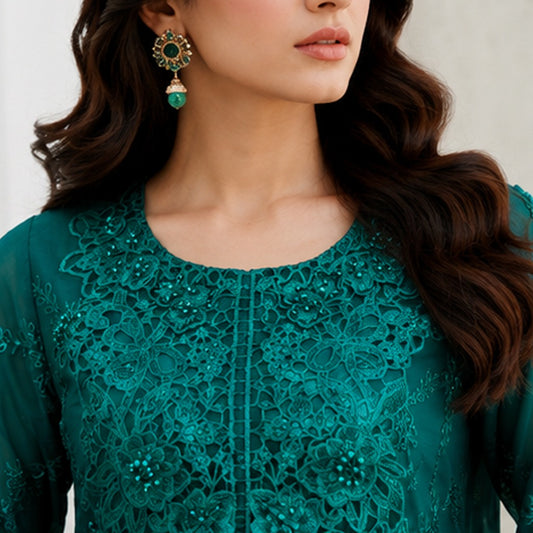 Emerald Green Embroidered Chiffon 3-piece Suit