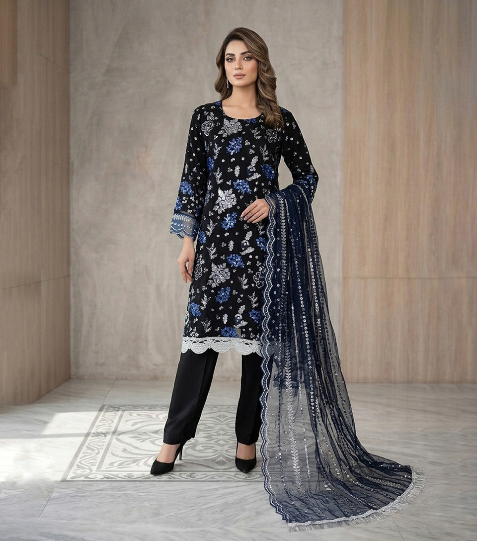 Embroidered 3-Piece Pakistani suit Navy Blue-Black