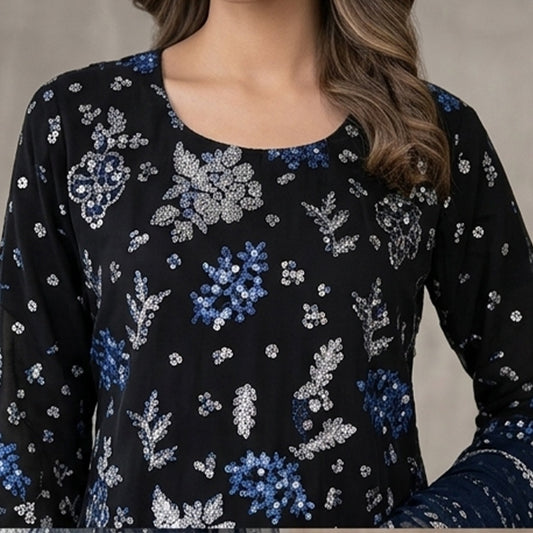 Embroidered 3-Piece Pakistani suit Navy Blue-Black