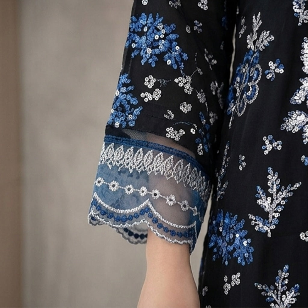 Embroidered 3-Piece Pakistani suit Navy Blue-Black
