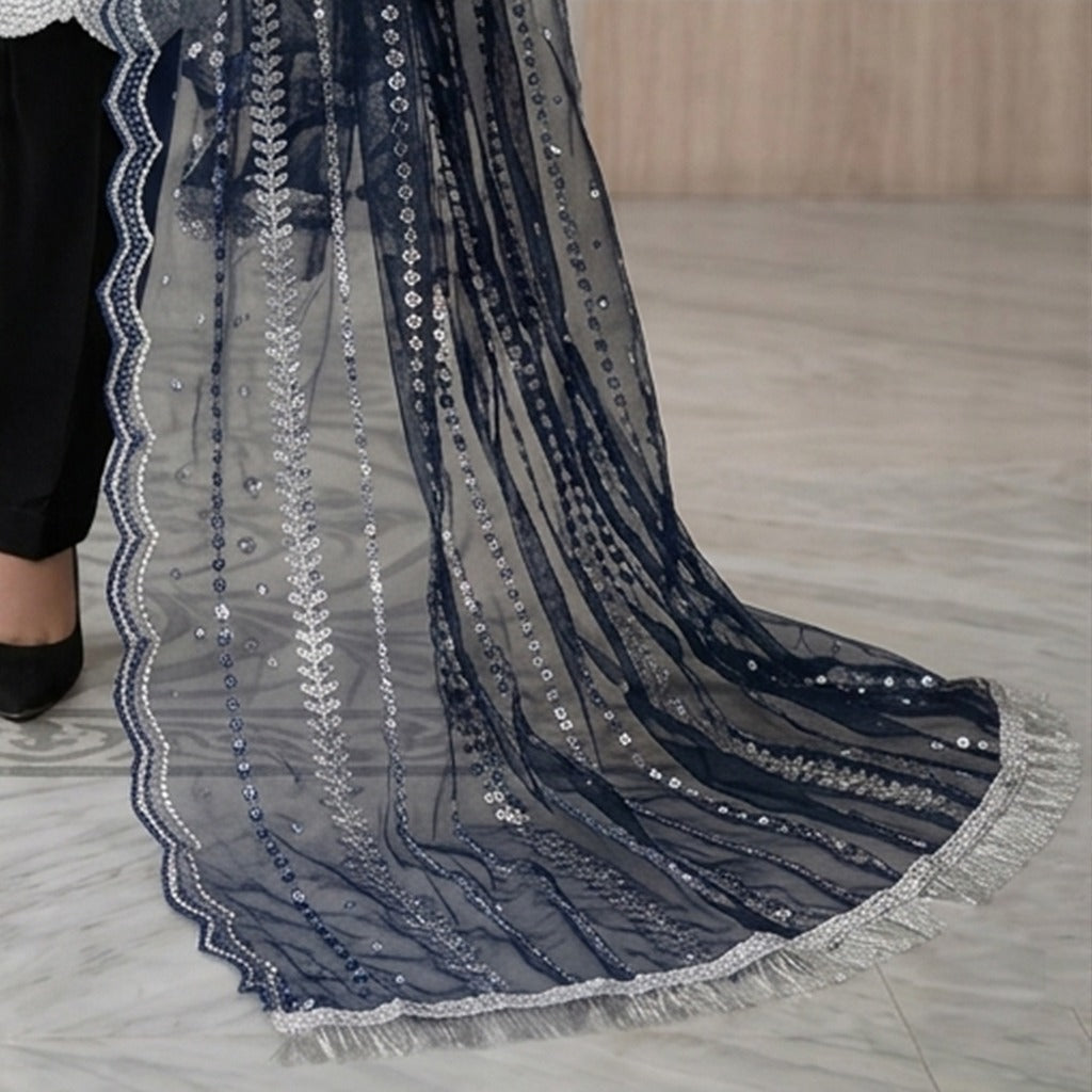 Embroidered 3-Piece Pakistani suit Navy Blue-Black